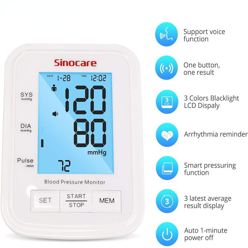Sinocare Blood Pressure Monitor Tensiometer Upper Arm Automatic Digital BP Machine Pulse Heart Rate Meter 3 Color LCD Display