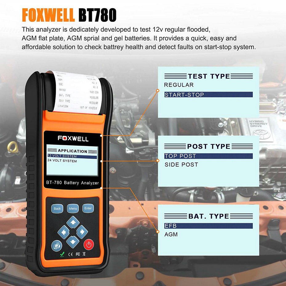 Latest Foxwell BT780 Battery Analyzer BT-780  Battery Tester with Built-in Thermal Printer