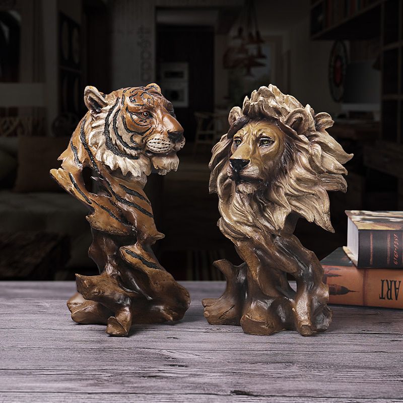 Home Decoration Horse Lion Tiger Wolf Eagle Resin Statue Art Crafts Creative Imitation Wood Root Animals Head Sculpture Gift