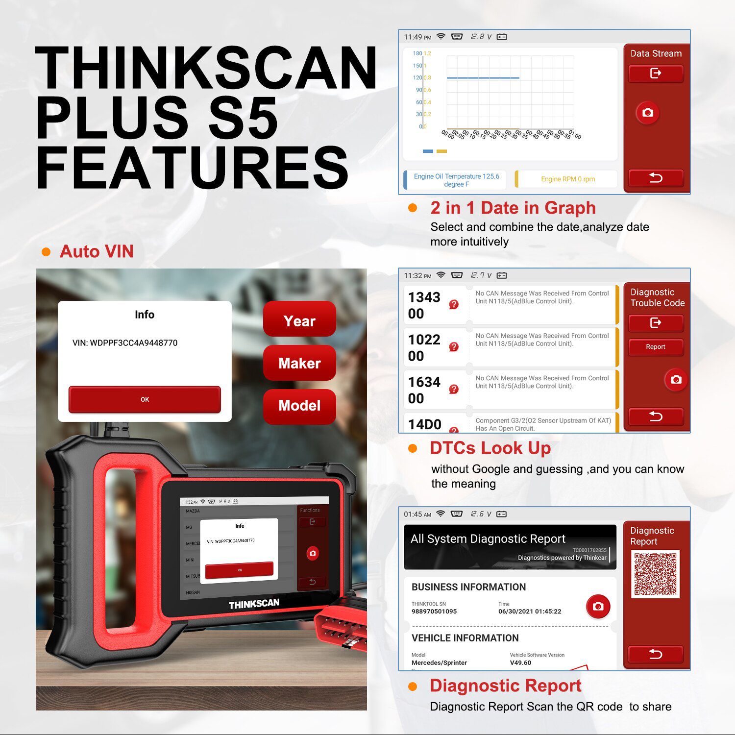 Thinkcar Thinkscan Plus S5 OBD2 Scanner Code Reader for Car ABS/SRS/Engine/AT Battery Voltage Check OBD2 Diagnostic Scan Tool