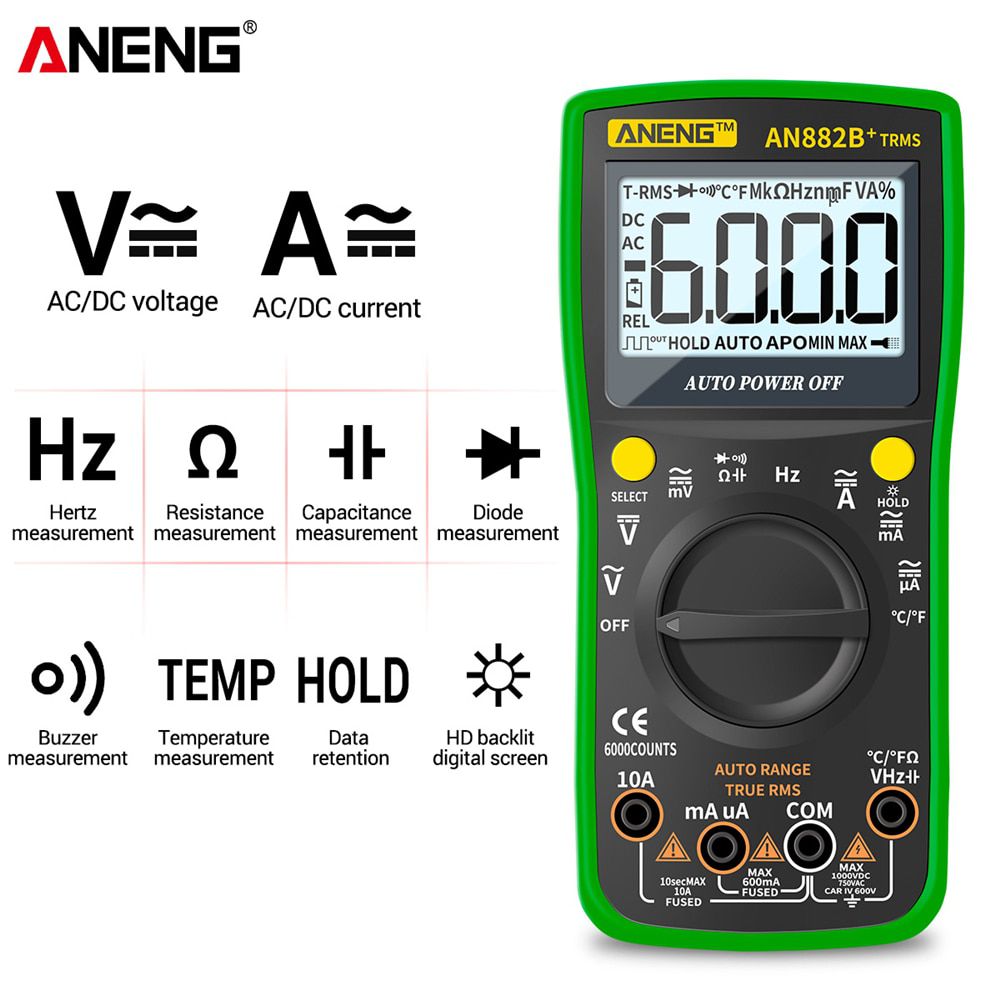 AN882B+ Digital 6000 Count Professional Multimeter True RMS ACDC Voltage Current  Multimetro Auto Transistor Temp Tester