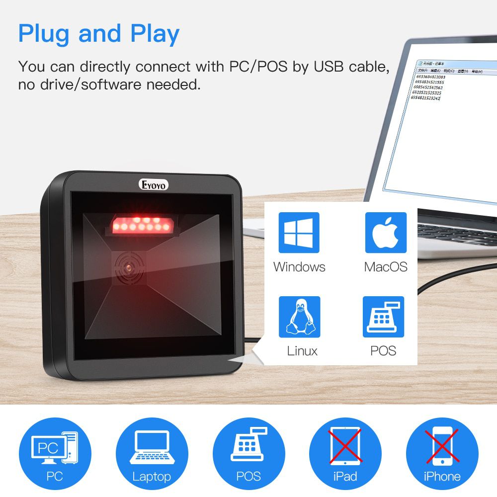 2D Desktop Barcode Scanner, Omnidirectional Hands-Free Wired USB Big Barcode Reader 1D QR Screen Barcodes Scanning Scanner