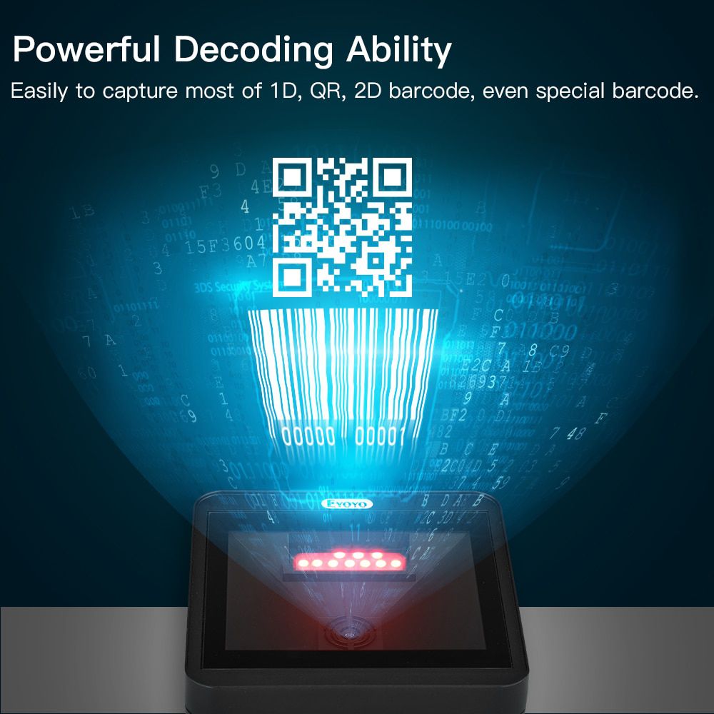 2D Desktop Barcode Scanner, Omnidirectional Hands-Free Wired USB Big Barcode Reader 1D QR Screen Barcodes Scanning Scanner
