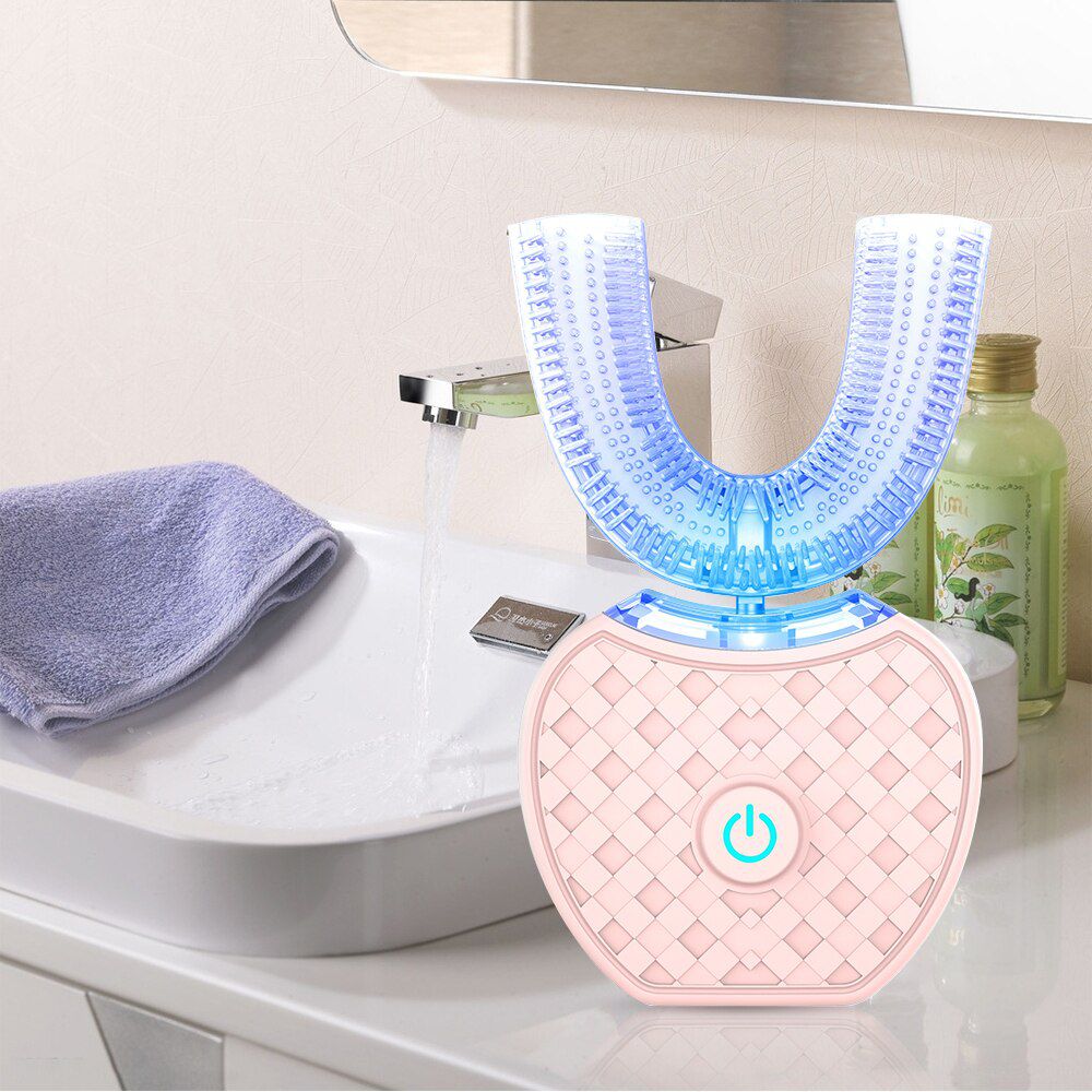 New 360 Automatic Electric Sonic Toothbrush USB Rechargeable Ultrasonic U Shape Toothbrush Double Heads 45 Seconds Tooth Whiten