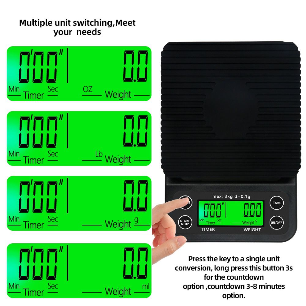 3kg/0.1g Multi-function Drip Coffee Scale With Timer Digital Kitchen Coffee Scale High Precision LCD Electronic Scales