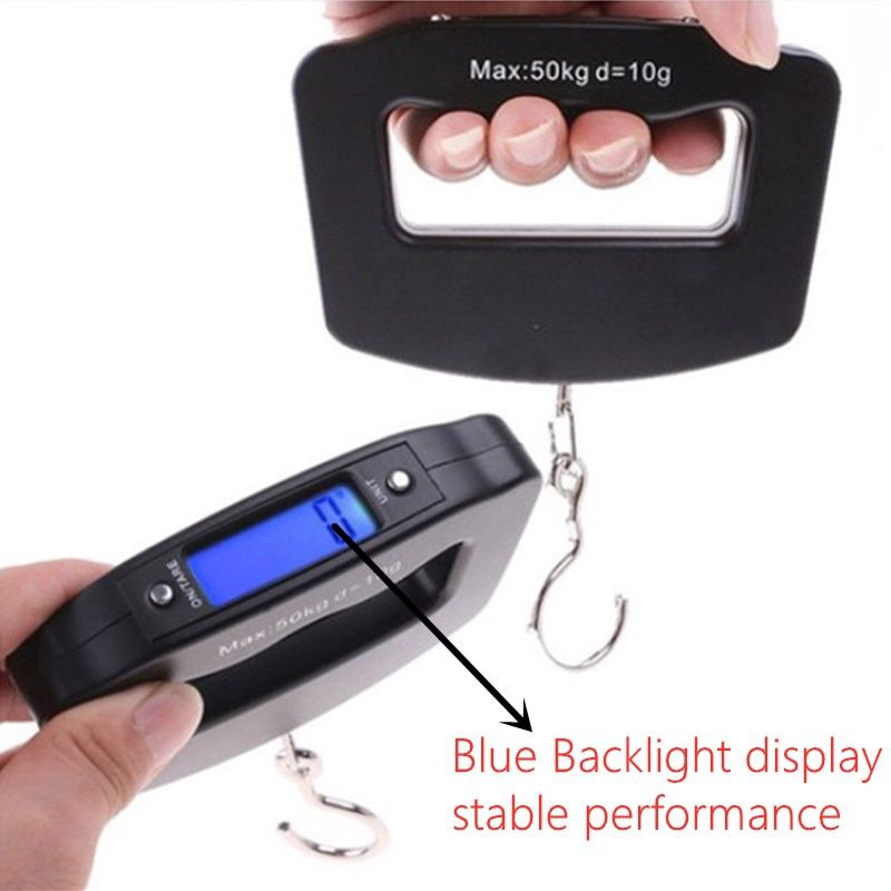 50Kg 10g Portable Mini Digital Hand Held Fish Hook Hanging Scale Electronic Weighting Luggage Scale blue Backlight Display