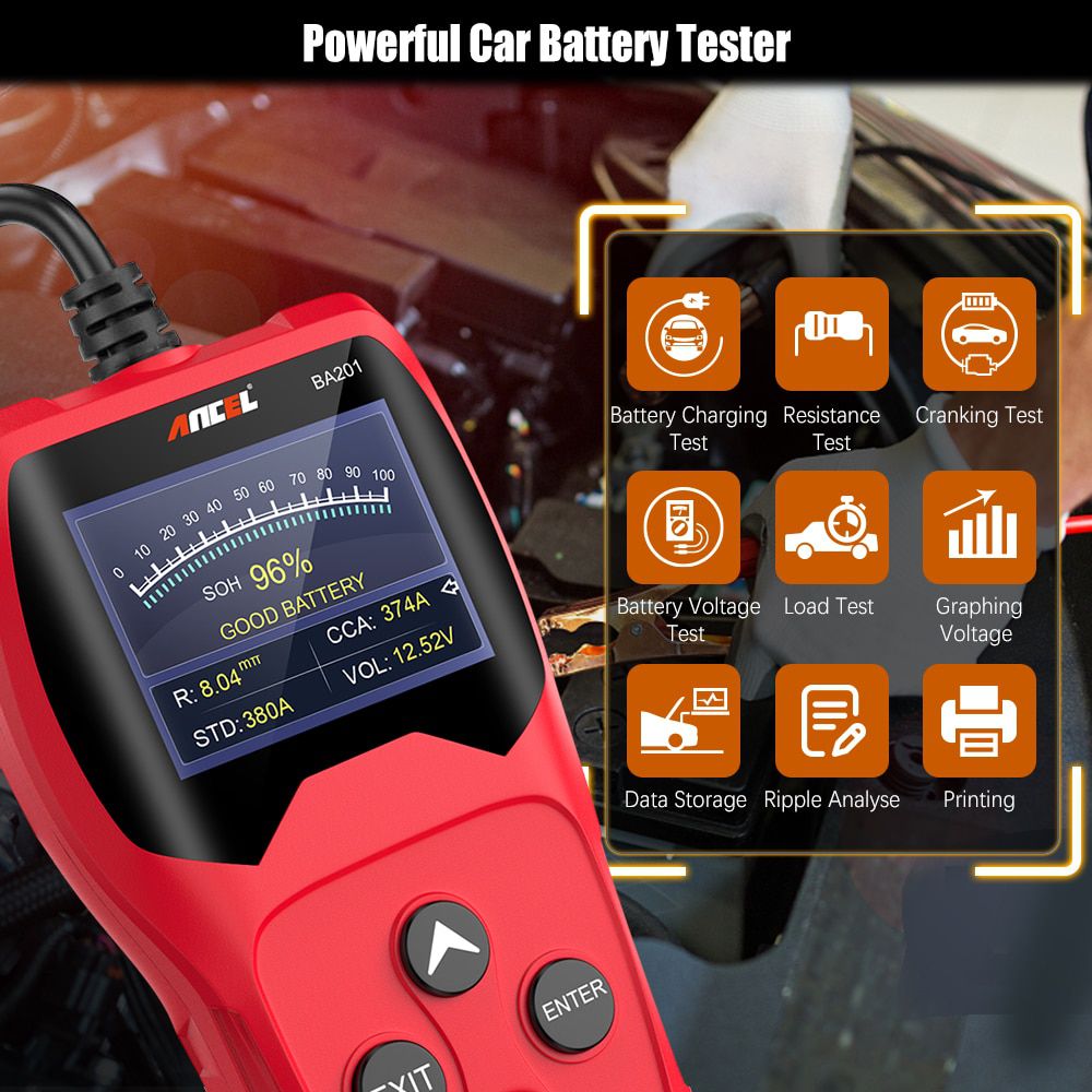 ANCEL BA201 Car Battery Tester For 12V 2000CCA Load Tester Automotive Voltage Loading Tester Cranking and Charging System Tool