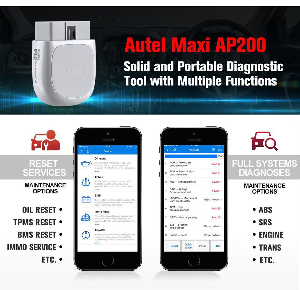 Autel MAXI AP200 Bluetooth Code Reader Full Systems Diagnoses AutoVIN TPMS IMMO Service PK MX808/Launch Easydiag
