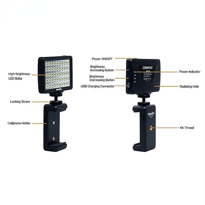 CM-L50 LED Camera Video Light, 50 LED 5700-6000K Dimmable Mini Panel Light for Canon Nikon Cameras and Smartphone