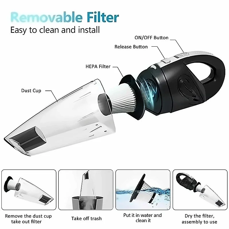 Cordless Handheld Vacuum Cleaner 120W Cyclone Suction USB Rechargeable Portable for Car Home Pet Hair Wet Dry HEPA
