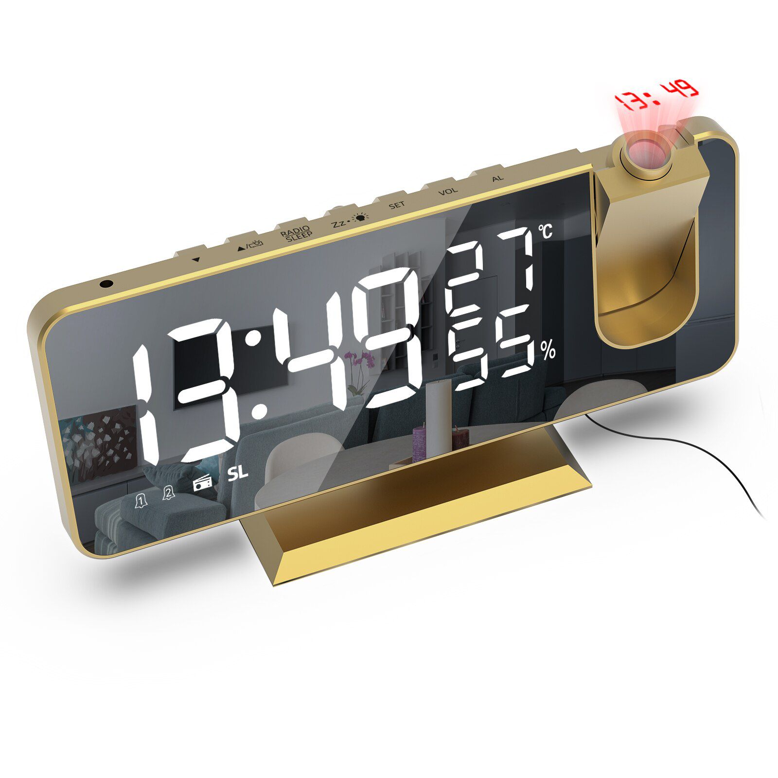 LED Digital Smart Alarm Desktop Clock FM Radio USB Wake Up Clock with 180° Time Projector Bedroom Bedside Snooze 2 Alarm