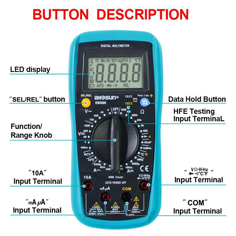 Digital  Multimeter Auto Range 3999 counts AC/DC Ammeter Voltage ohm Tester Current Ohm NCV REL With Backlight