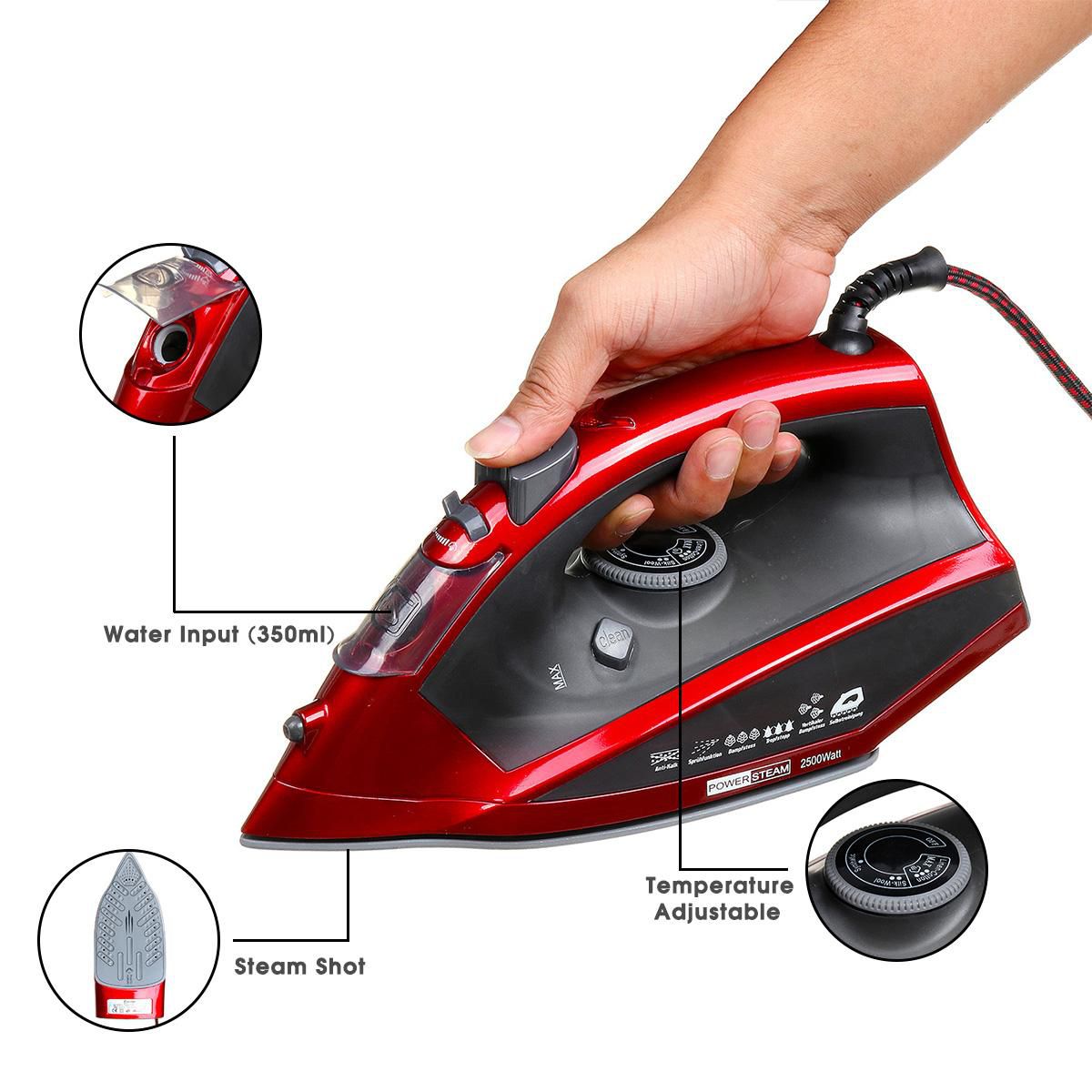 220-240V 2500W Electric Steam Iron for Travel Home Garment Steam Generator 4 Speed Clothes Ironing Steamer Coated Plate