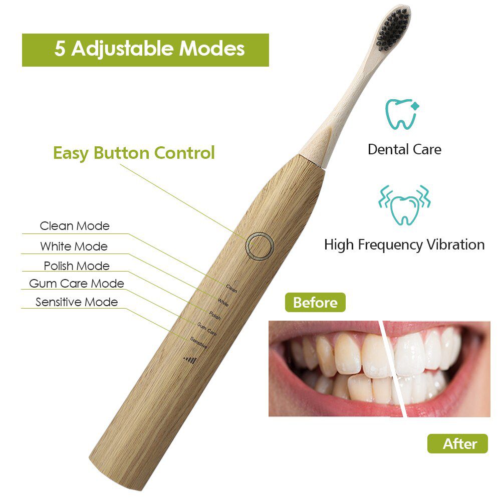 Electric Tooth Brush Electrical Sonic Toothbrush Oral Dental Care Teeth Cleaning Soft Bamboo Toothbrush 5 Adjustable Modes Usb