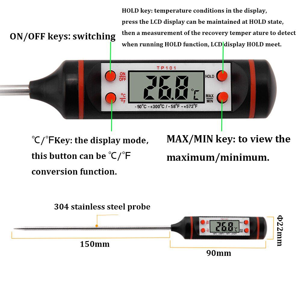 Electronic Digital Food Thermometer 304 Stainless Steel Probe Liquid Barbecue Baking Oil Temperature Meter TP101