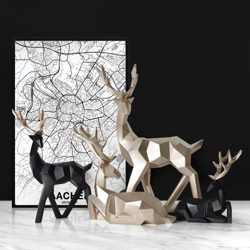 Elk Figurines Resin Sculpture Home Decor Nordic Geometric Long Horn Deer Statue Abstract Reindeer Tabletop Animal Ornaments Gift