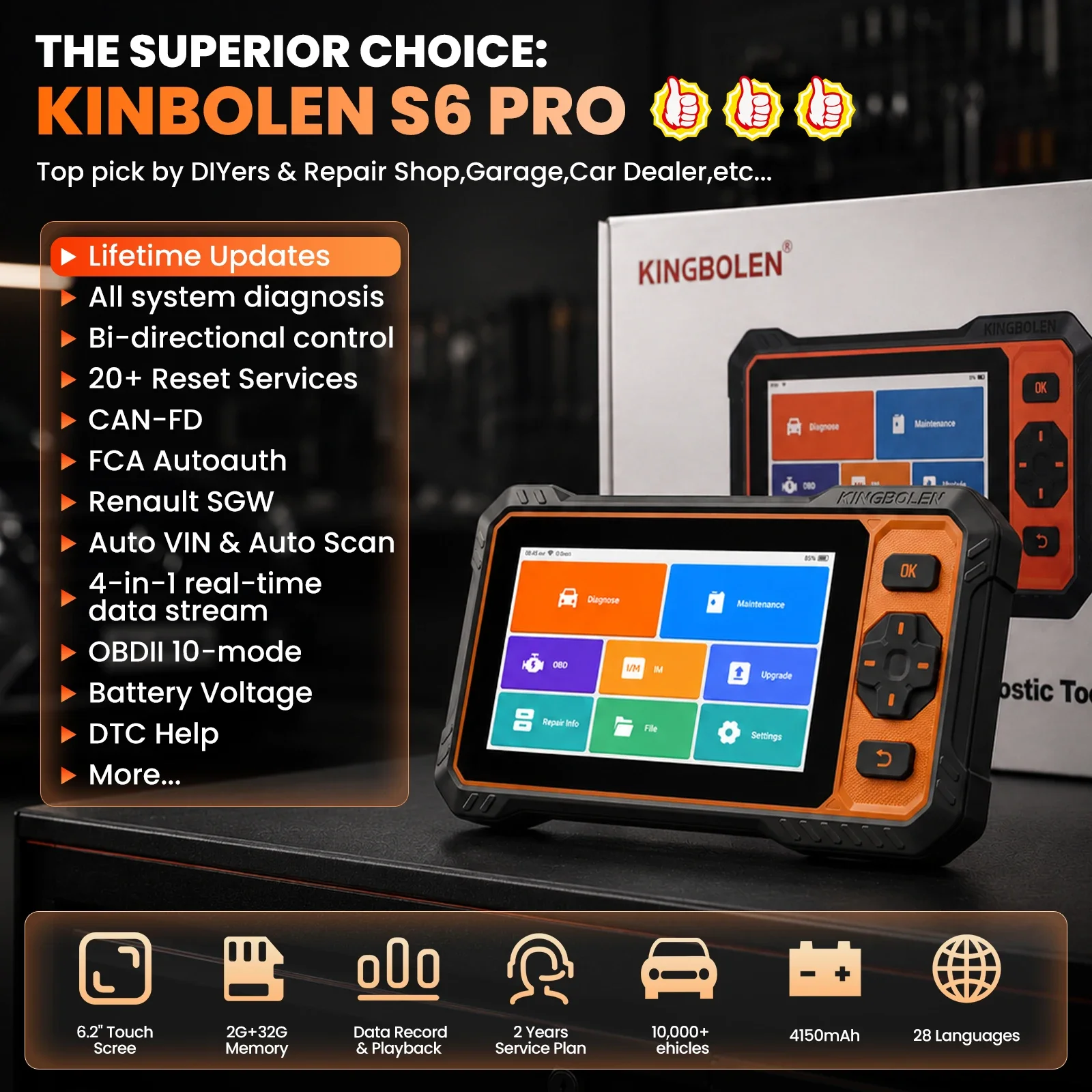 KINGBOLEN S6 Pro Automotive Diagnostic Scanner – CAN FD Active Test, Full System Support, 20 Resets, and Lifetime Updates