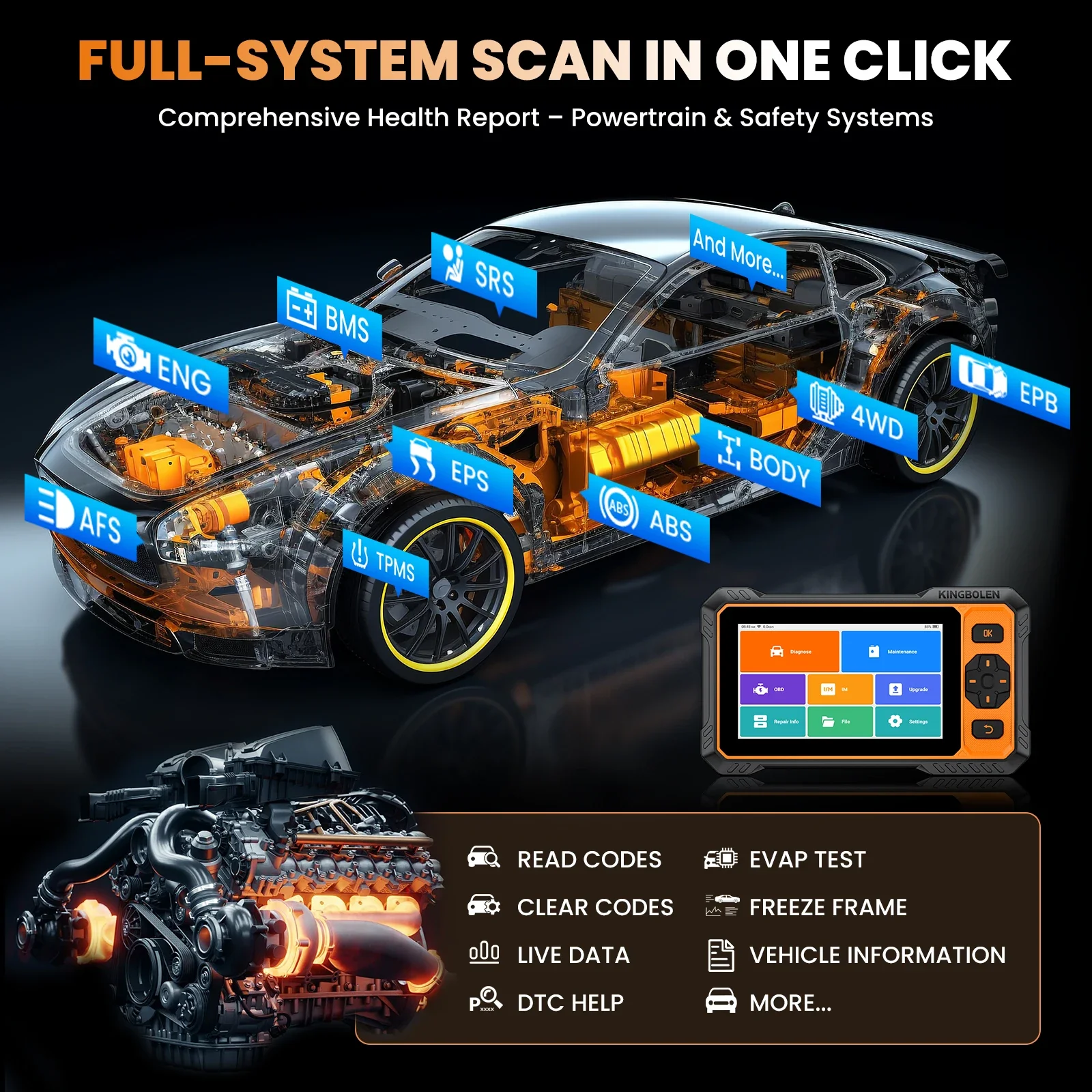 KINGBOLEN S6 Pro Automotive Diagnostic Scanner – CAN FD Active Test, Full System Support, 20 Resets, and Lifetime Updates
