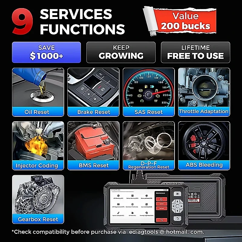 KINGBOLEN S608 Bidirectional OBD2 Scanner for Car Engine ABS SRS Transmission 9 Reset CAN FD Lifetime Free Update