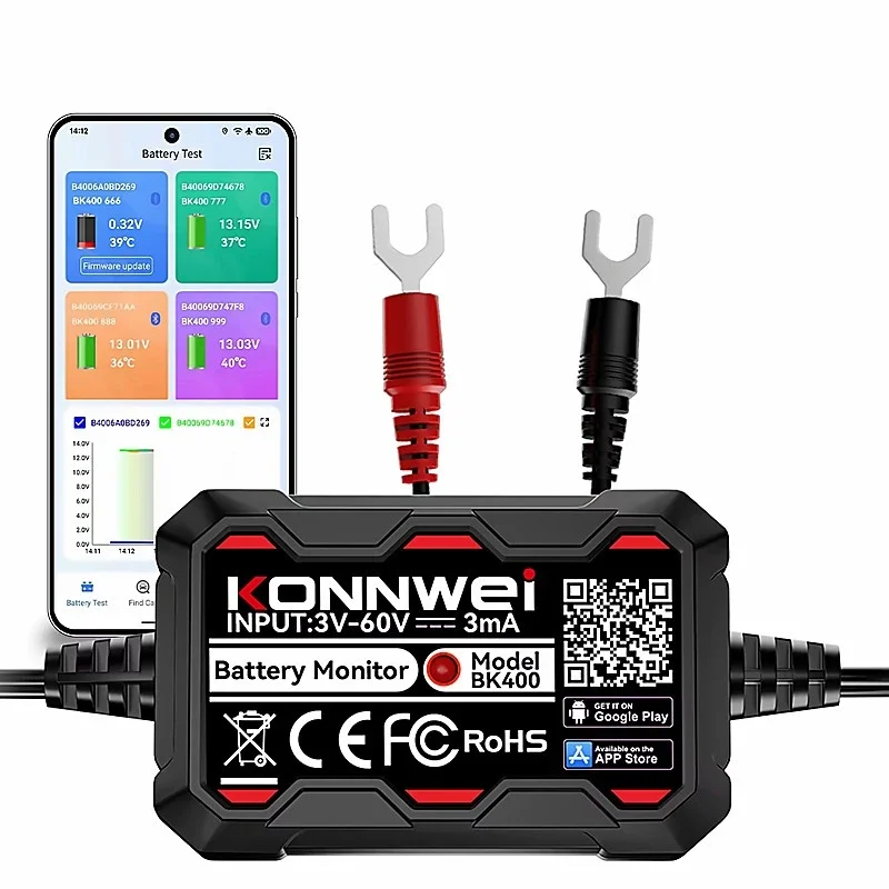 KONNWEI BK400 Bluetooth Battery Monitor – Professional Car Battery Diagnostic Tester with 6-Device Support, 3-60V, Cranking, and Charging Tests