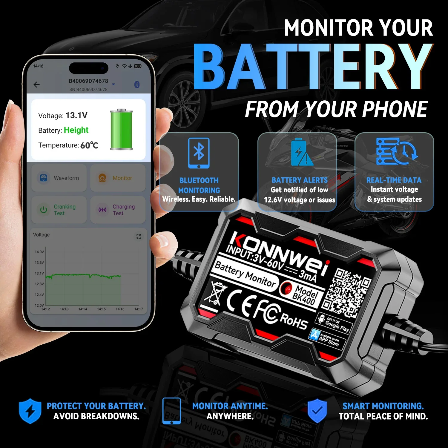 KONNWEI BK400 Bluetooth Battery Monitor – Professional Car Battery Diagnostic Tester with 6-Device Support, 3-60V, Cranking, and Charging Tests