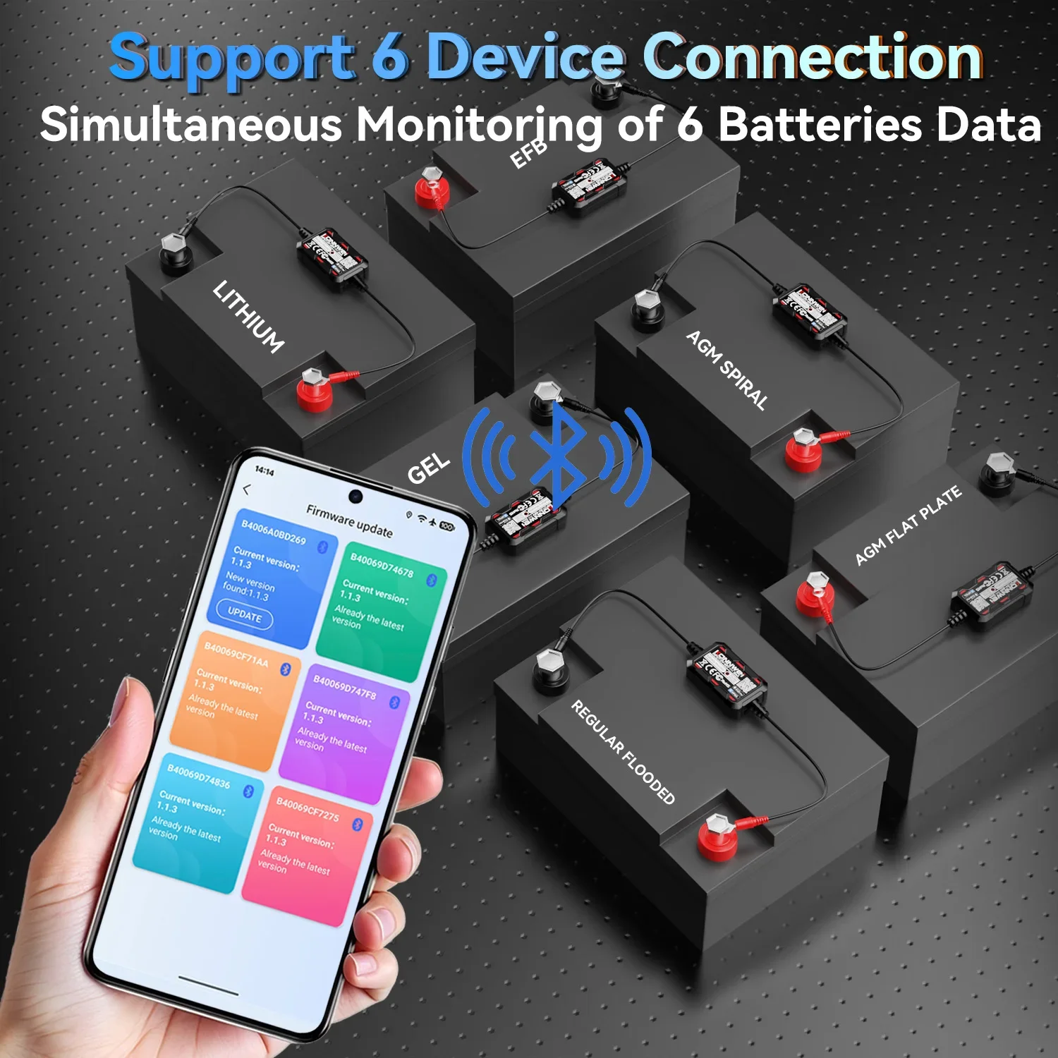 KONNWEI BK400 Bluetooth Battery Monitor – Professional Car Battery Diagnostic Tester with 6-Device Support, 3-60V, Cranking, and Charging Tests