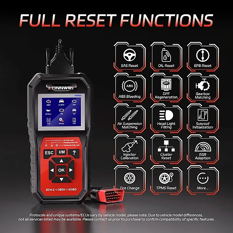 KONNWEI KW460 OBD2 Full-System Diagnostic Tool – Mercedes-Benz, ABS, SRS, EPB, and DPF Reset Functions