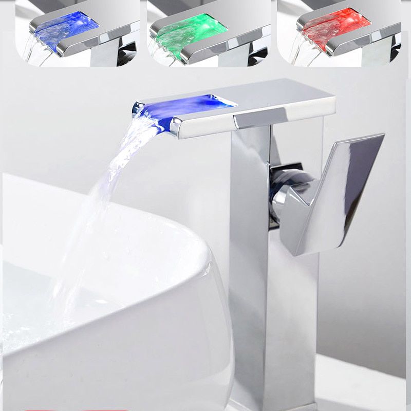 NEW LED Luminous Basin Faucet Copper Waterfall Water Temperature Control Discoloration Table Washbasin Bathroom Sink Mixer Tap