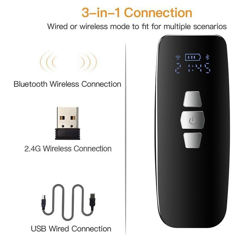 Mini Barcode Scanner USB Wired/Bluetooth/ 2.4G Wireless 1D 2D QR PDF417 Bar code for iPad iPhone Android Tablets PC