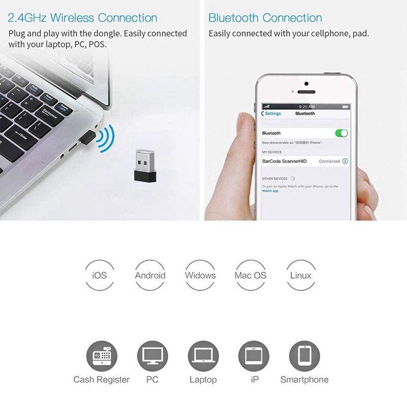 Mini Barcode Scanner USB Wired/Bluetooth/ 2.4G Wireless 1D 2D QR PDF417 Bar code for iPad iPhone Android Tablets PC