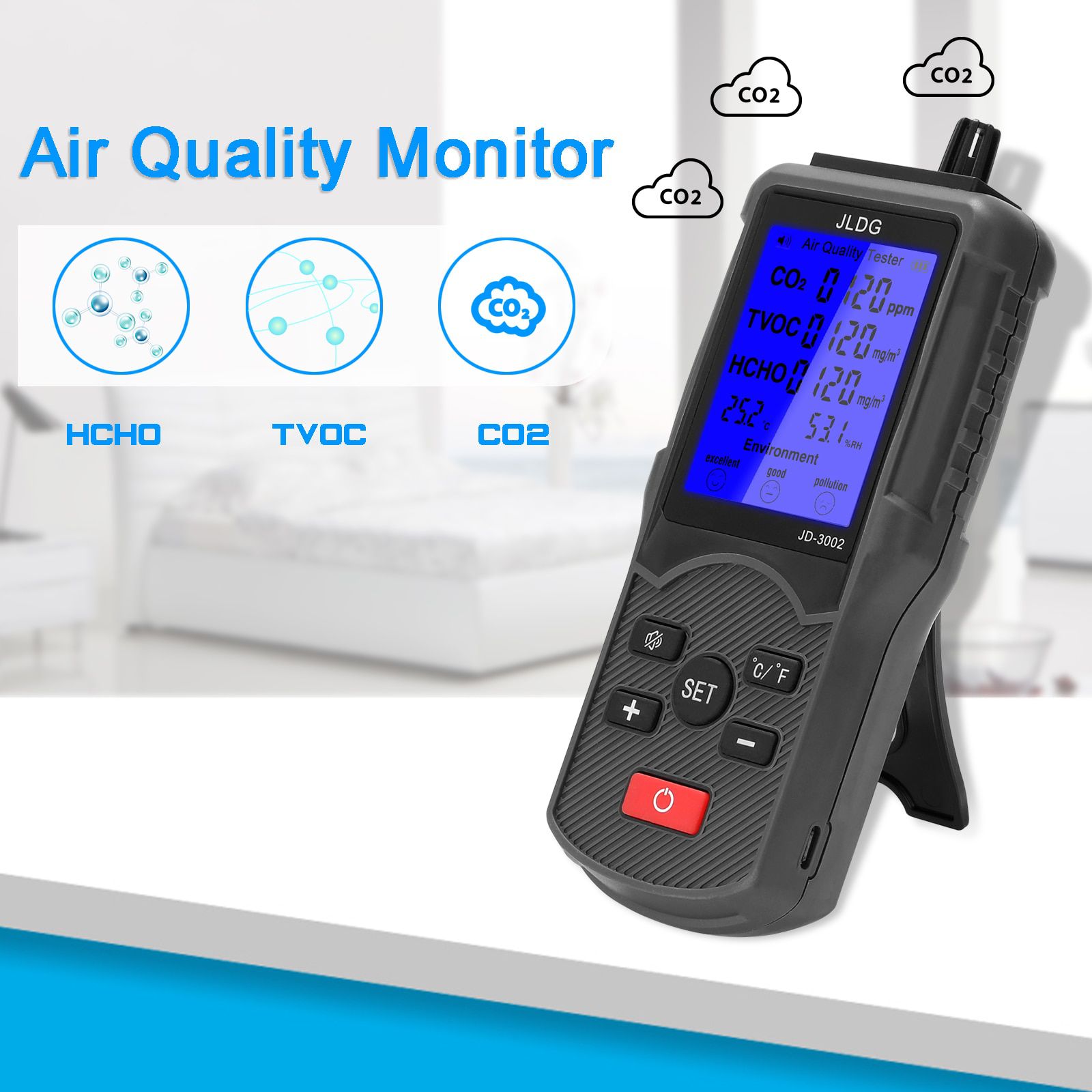 JD-3002 8 in 1 Multifunctional Air Quality Tester CO2 TVOC Meter Temperature Humidity Measuring Device USB Rechargeable Monitor