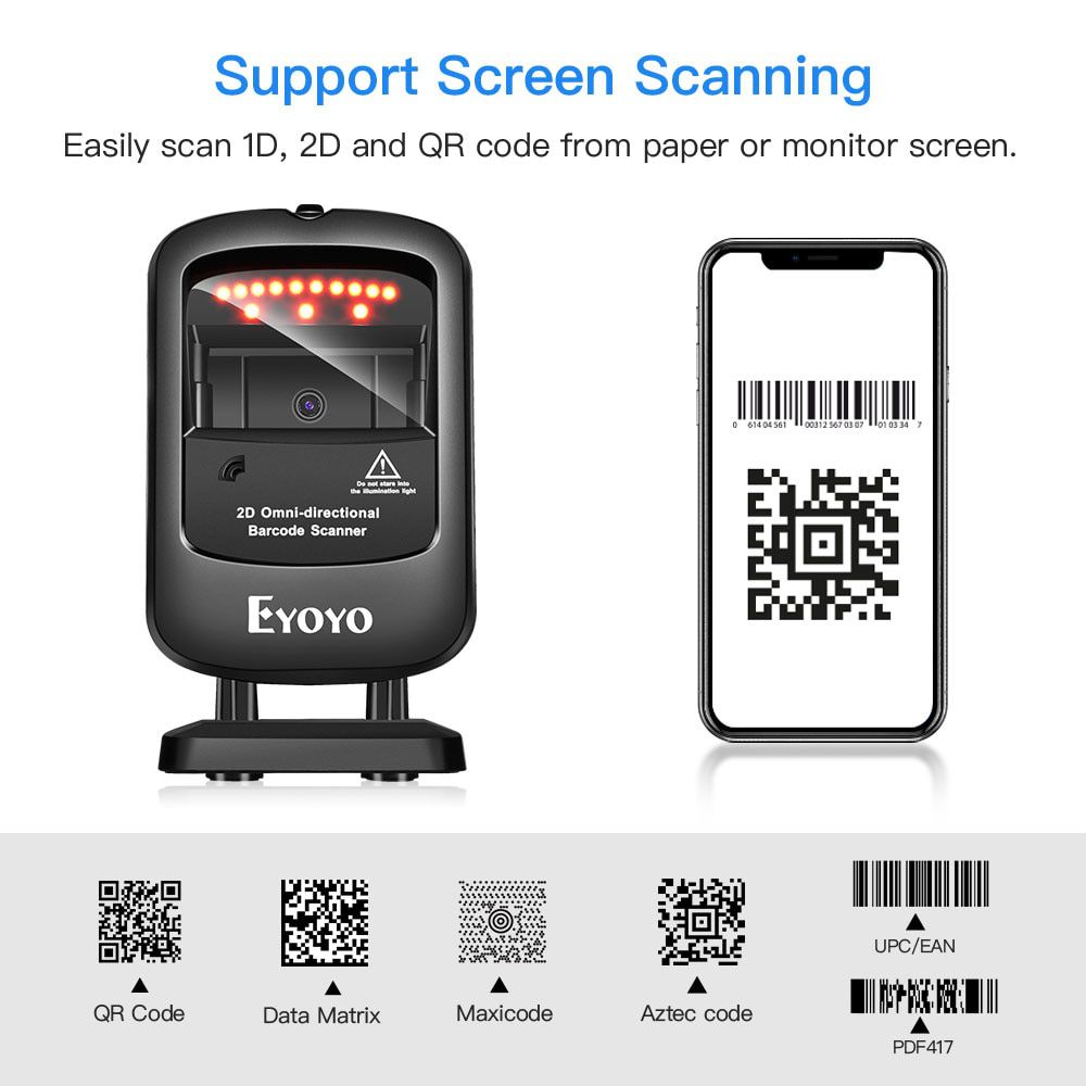 Omnidirectional 2D Wired Barcode Scanner with infrared auto-sensing scanning with decoding capability handfree scanner