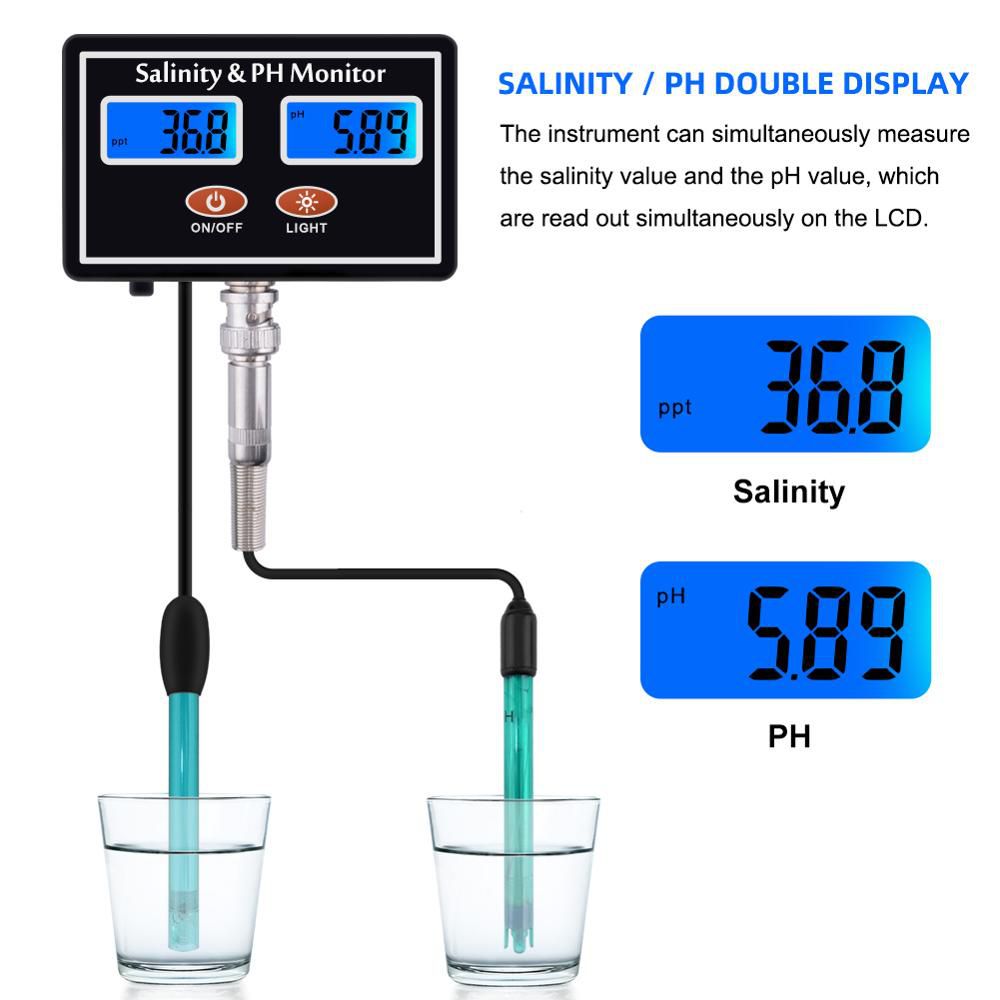 Online PH & Salinity Monitor 2 in 1 Tester for Aquarium Pool Spa Seawater Horticultural Water Quality