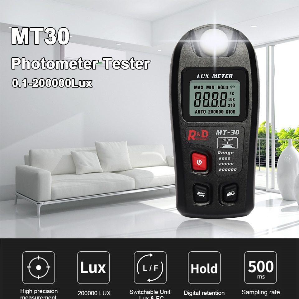BLACK MT30 Photometer Tester Enviromental Testing Lux Meter 0~200,000lux Range Light Meter Pocket Design Illuminometer Lux/fc