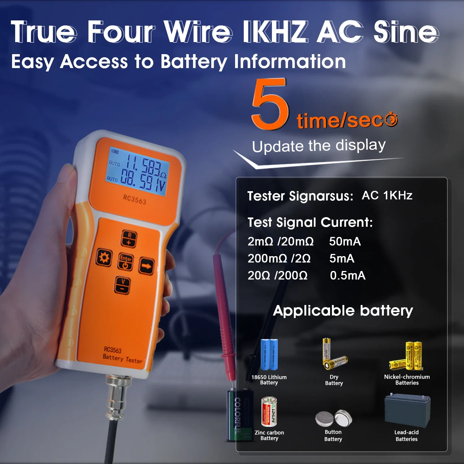 Portable Battery Internal Resistance Tester 1uΩ-200Ω ±100VDC 0.5% Accuracy 1kHz AC Kelvin 4-Wire Clip for Lithium Lead-Acid NiMH
