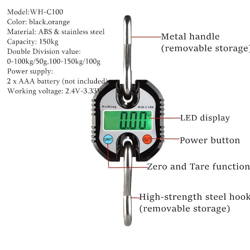 Crane Scale Weight 300kg 150kg/50g 200kg/100g 500kg/100g Heavy Duty Hanging Hook Scales Portable Digital Stainless Steel