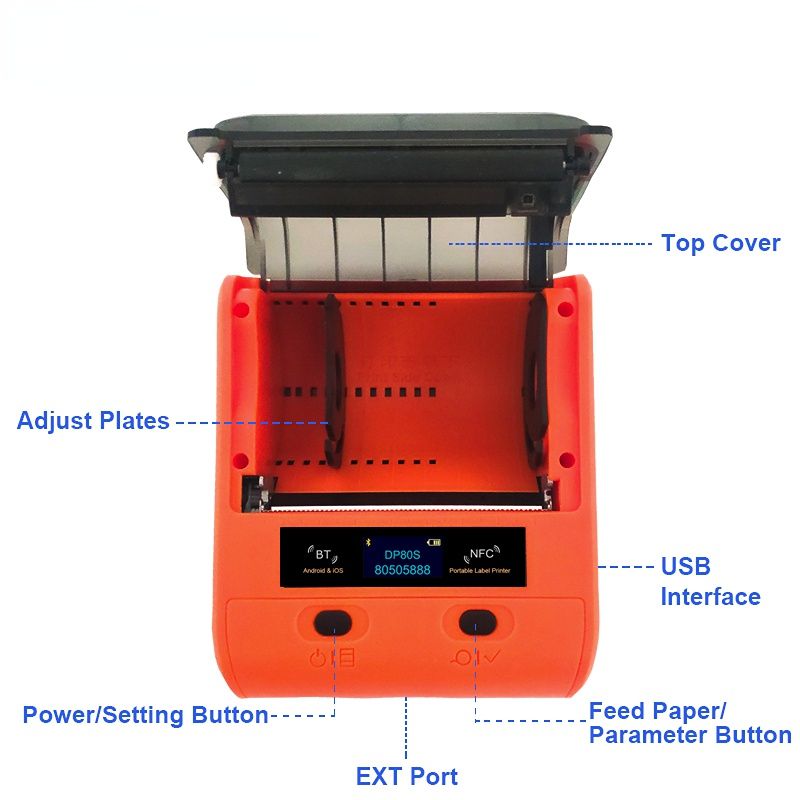 DP80S 30-80mm Mini Portable Thermal Printer 3 Rolls Multifunctional Barcode Label Sticker Maker BT Android / iOS