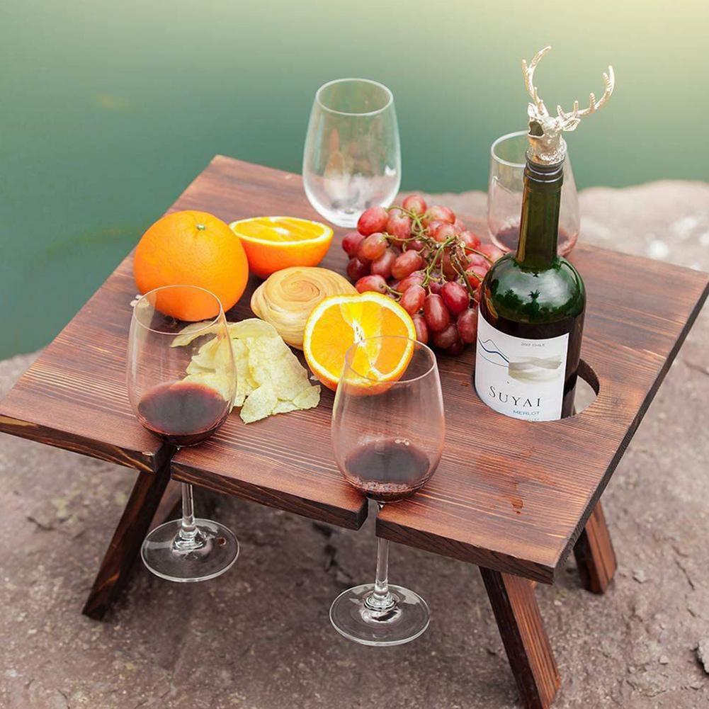 Portable Wooden Picnic Table Carry Handle Outdoor Folding Wine Table Removable Wine Glass Holder Folding Table Fruit Snack Tray