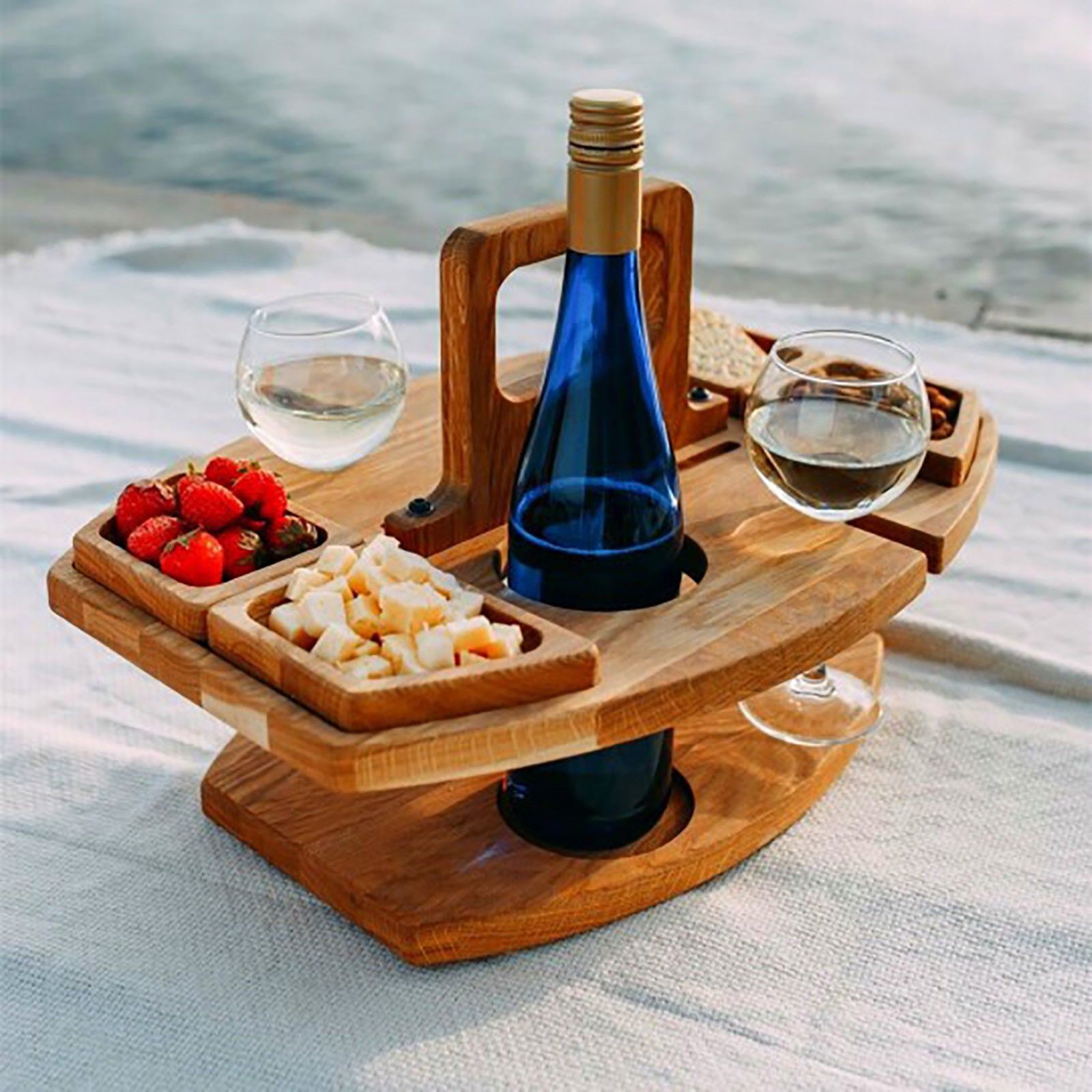 Portable Wooden Picnic Table Carry Handle Outdoor Folding Wine Table Removable Wine Glass Holder Folding Table Fruit Snack Tray