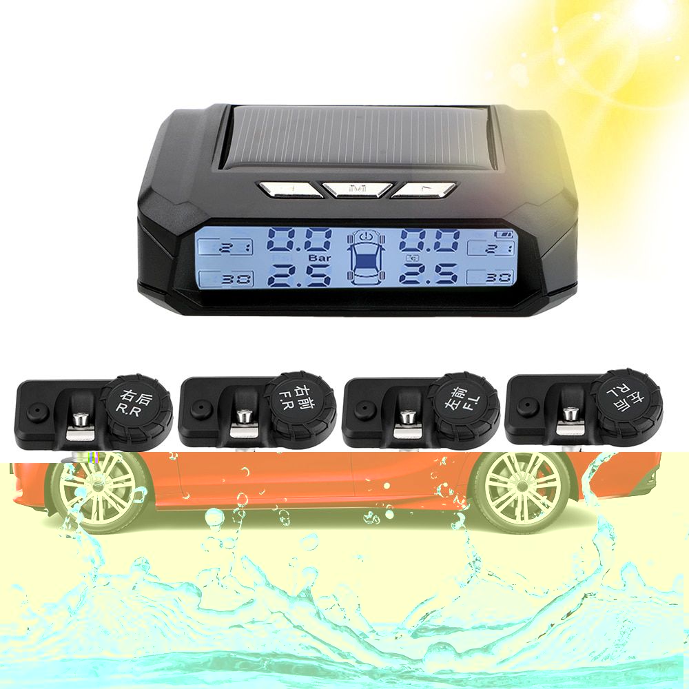 Solar TPMS Tire Pressure Monitoring System Temperature Warning Fuel Save With 4 External Sensors Car Tyre Pressure Monitor