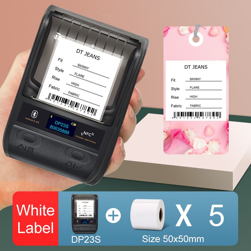 DP23S 20-50mmThermal Label Printer with 5 Rolls Paper Multifunctional Mini Adhensive Hand Barcode Sticker Maker