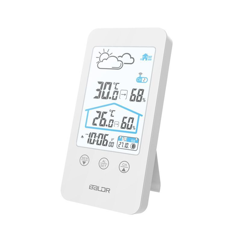 Touch Screen Wireless Thermometer Hygrometer Indoor Outdoor Weather Station Weather Forecast Moon Phase Calendar Snooze Alarm