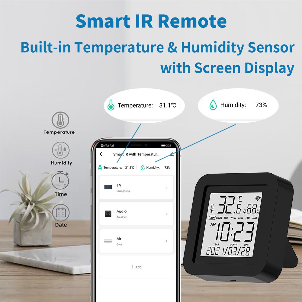Tuya WiFi Smart IR Remote with Temperature Humidity Sensor Date Display for Air Conditioner TV AC Works with Alexa,Google Home