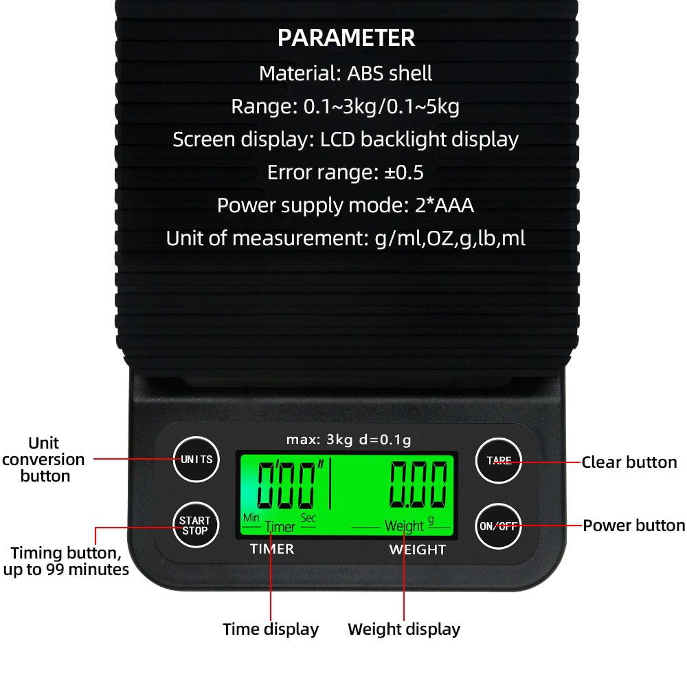 3kg/0.1g Multi-function Drip Coffee Scale