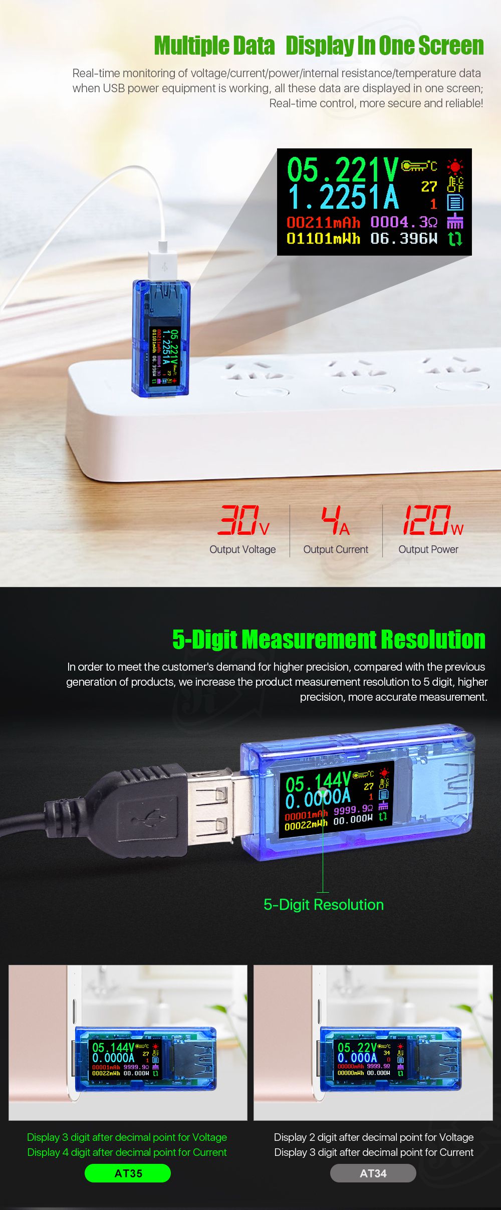 AT35 AT34 5 digits USB 3.0 color LCD Voltmeter