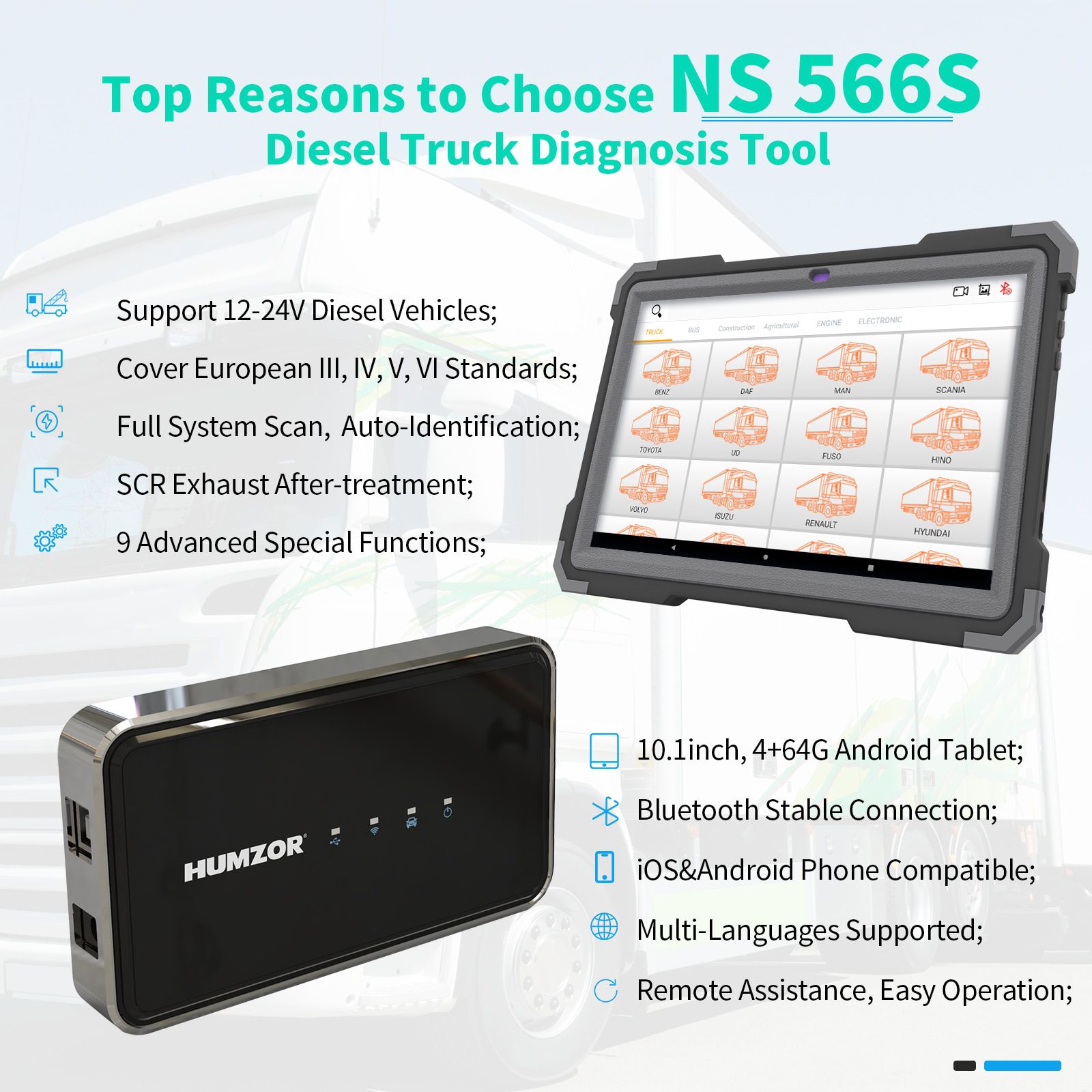 Humzor NS566S Full System Diagnostic Tool for Heavy Duty Truck Diesel OBD2 Professional Scanner